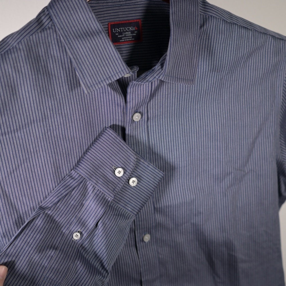 UNTUCKit Mens Large Slim Fit Wrinkle Free Blue Micro Stripe Button Down Shirt